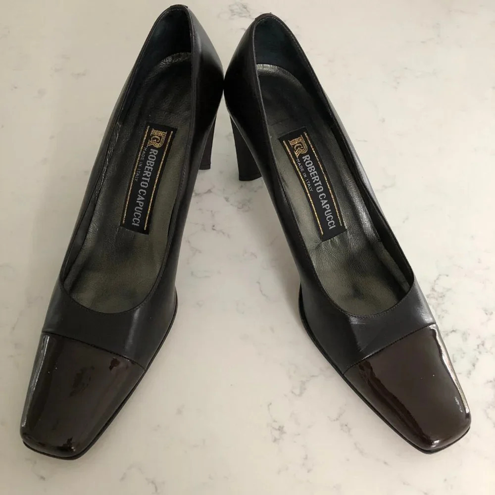 Roberto Capucci Leather + Patent Slip On High Heel Designer Shoes Brown Sz 8.5AA - Picture 10 of 10